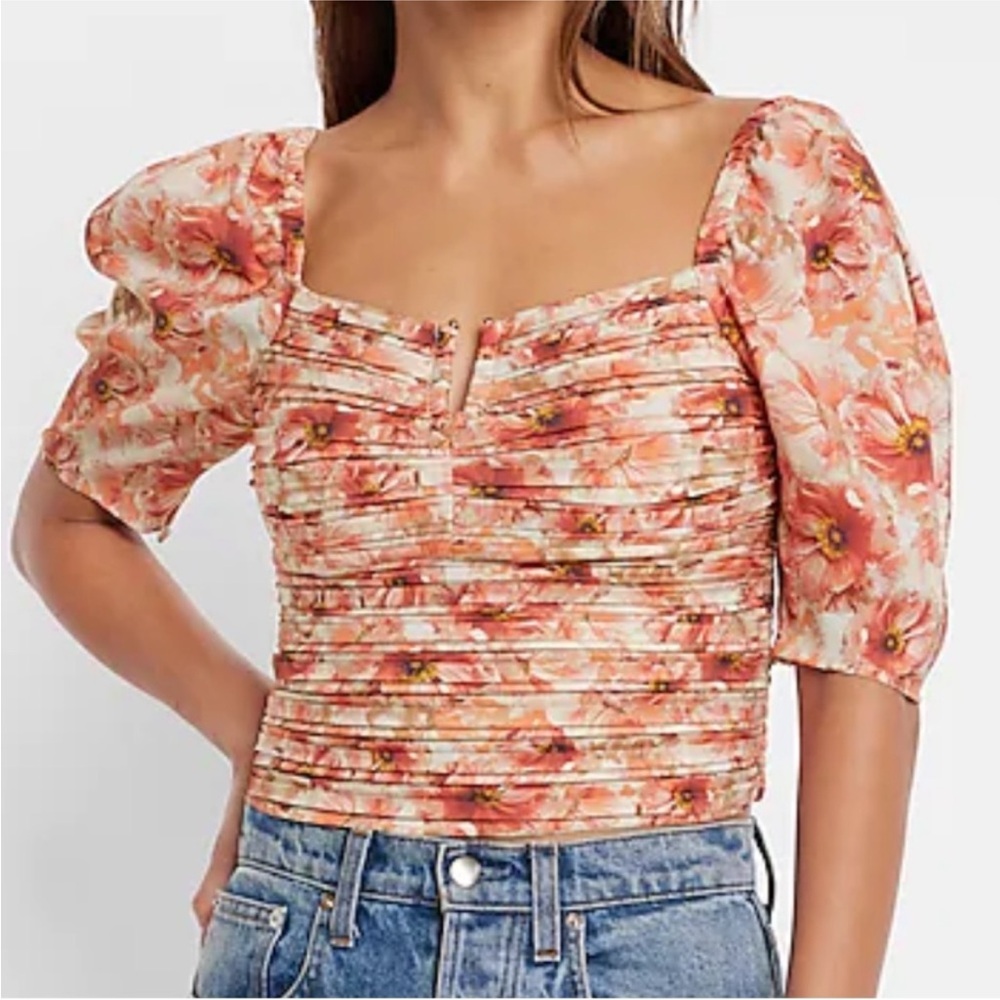 Express Satin Floral Print Ruched VBar Cropped Top - Size XL